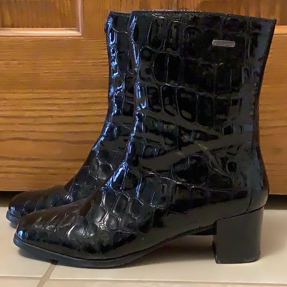 Waterproof croc print leather boots